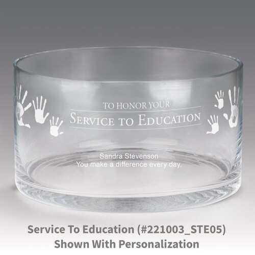 large crystal recognition bowl with service to education message