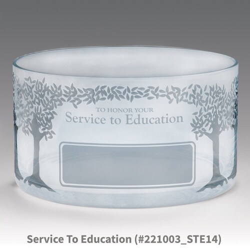 large crystal recognition bowl with service to education message