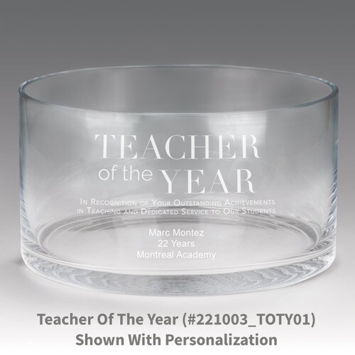 large crystal recognition bowl with teacher of the year message