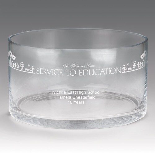 large crystal recognition bowl with service to education message