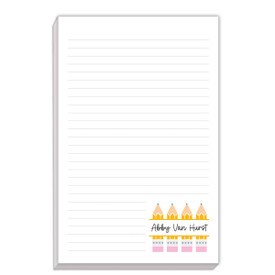 Large notepad featuring four pencils. Personalize with a name. 80 sheets of paper.