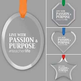 different shapes of crystal ornament with live with passion & purpose message and satin ribbon