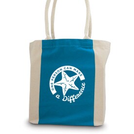 canvas tote bag with blue accent strip and rope handles with make a difference message