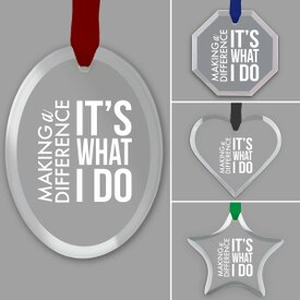 different shapes of crystal ornament with making a difference message and satin ribbon