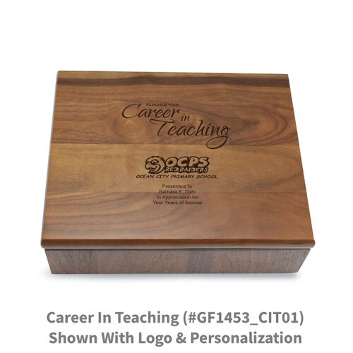 Large walnut memory keepsake box with laser-engraved career in teaching message.