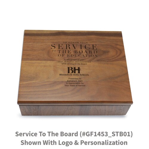 Large walnut memory keepsake box with laser-engraved service to the board message.