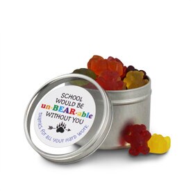 round tin with school would be unbearable message and gummy bears