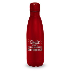 red stainless steel water bottle with smile you're making a difference message
