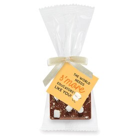 Bite-size Belgian chocolate square with s’mores topping. Inspirational card reads “The World Needs S’more Educators Like You”