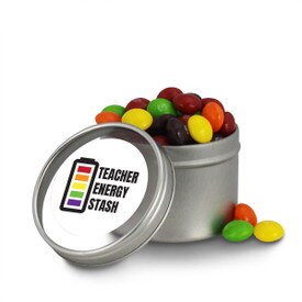 round tin with teacher energy stash message and skittles