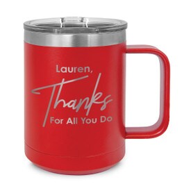red stainless steel mug with thanks message and personalization