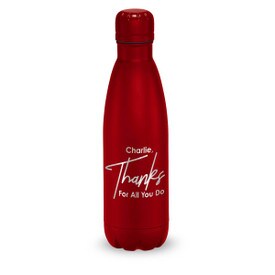 red stainless steel water bottle with thanks message