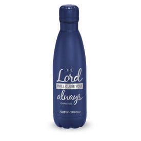 blue stainless steel water bottle with the lord will guide you always message