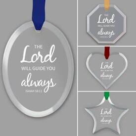different shapes of crystal ornament with the lord will guide you always message and satin ribbon